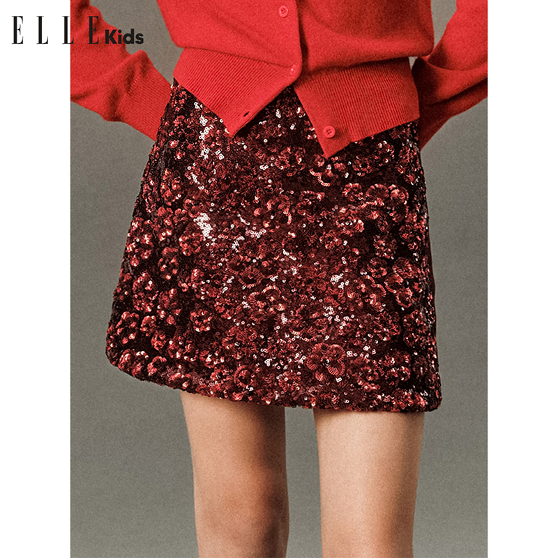 ELLE KIDS过年节日氛围感小个子定制重工花朵珠片A字半裙D4