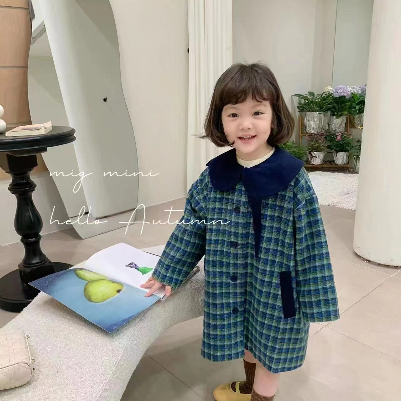 新款时尚女童韩系小长款格子外套（加里衬款)