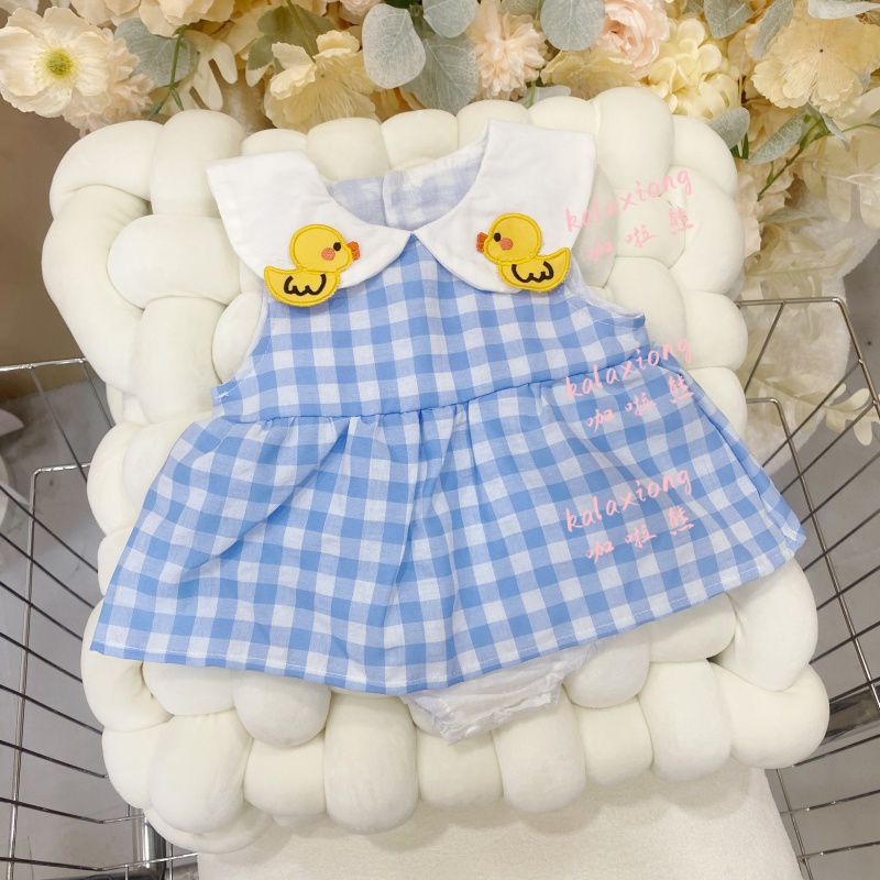 夏款宝宝衣服新款两只小鸭娃娃领蓝格子女宝宝夏天可爱包屁裙