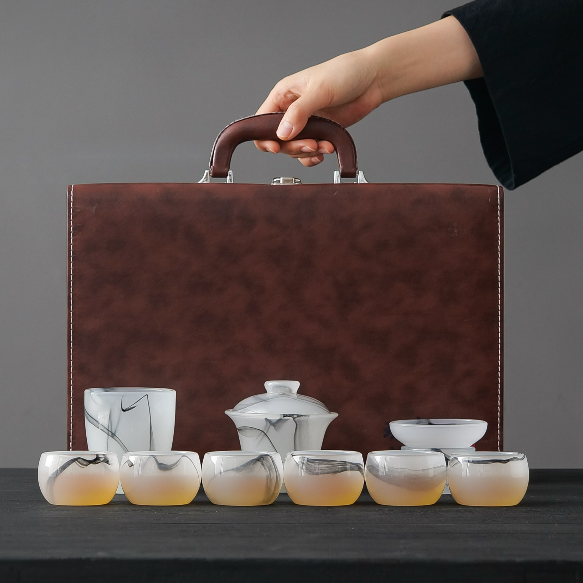 歆岳-冰种水墨琉璃手工打造茶具套装组合家用办公送礼功夫茶具套