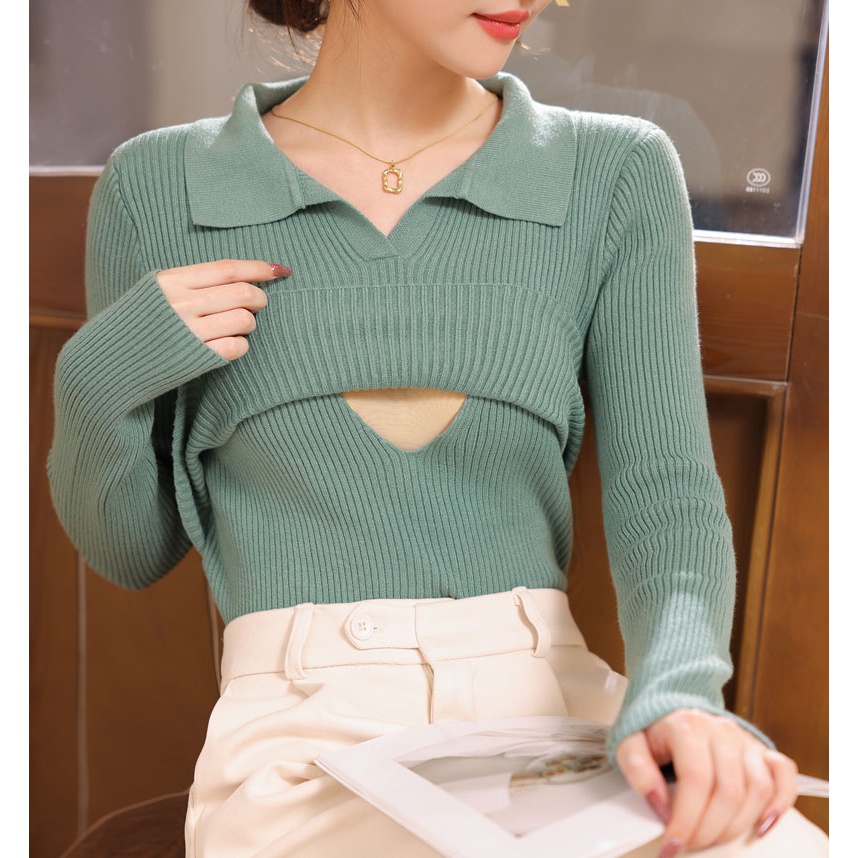 2023秋冬加厚保暖哺乳毛衣辣妈修身显瘦翻领喂奶月子服打底衫