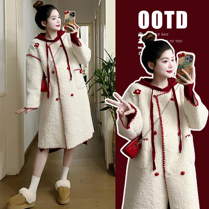 冬季新品连帽毛衣裙+加厚毛长款外套孕妇套装