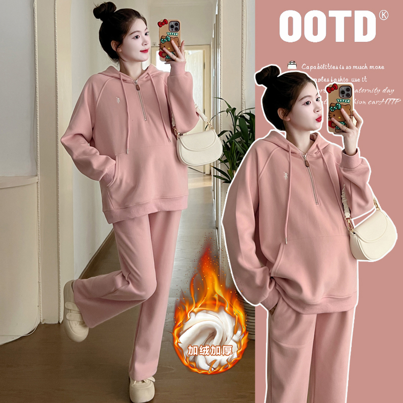 实拍现货 孕妇秋冬装加绒加厚卫衣休闲套装2023新款