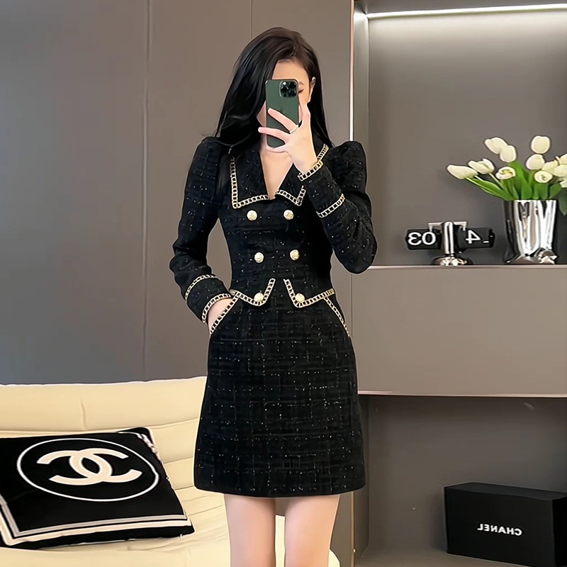 新款法式高级感独特高端精致黑色小香风连衣裙子女6297