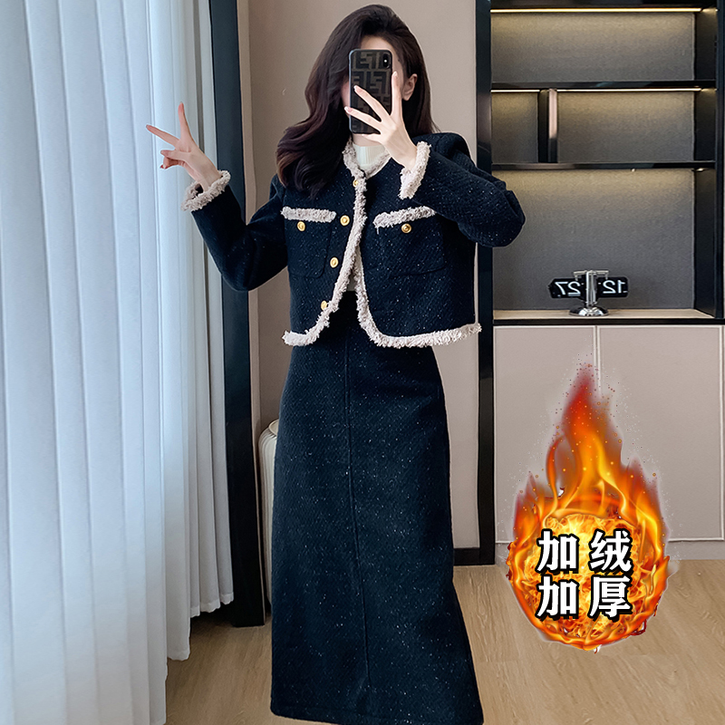 【加绒加厚】【两件套】高级感小洋装套装新款小香风高腰两件套2449