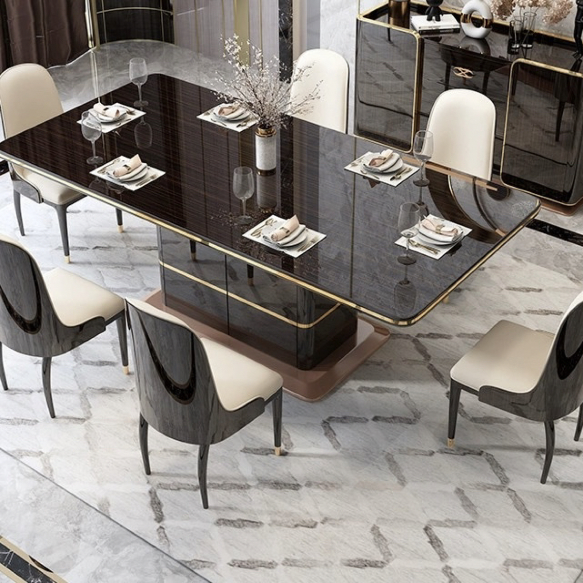 轻奢长方形北欧意式高端餐桌钢琴烤漆餐桌长餐桌餐桌椅
