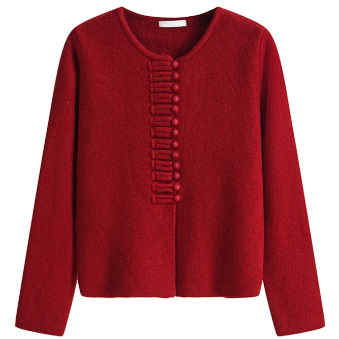 温柔风新中式盘扣红色毛衣开衫女2023冬季新款复古宽松百搭针织衫
