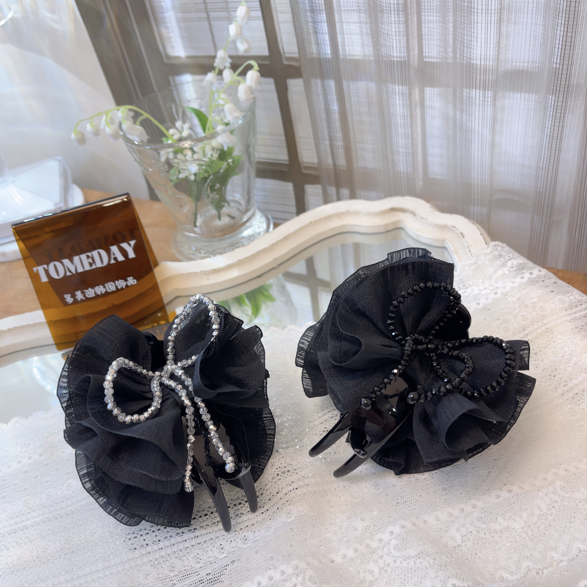 Q924精致ins韩系串珠裙边蝴蝶结丸子头抓夹