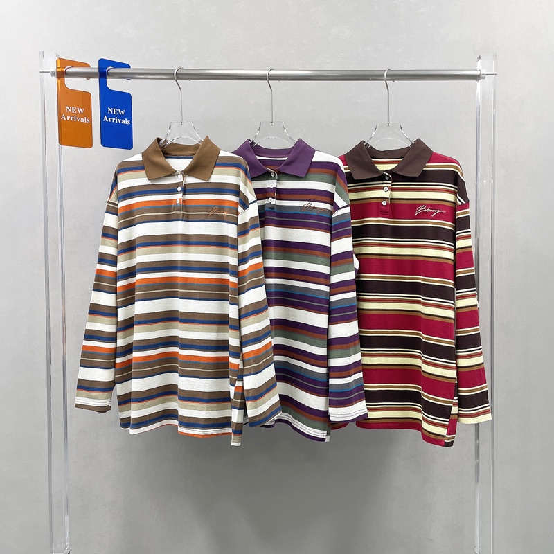 欧货彩色条纹大版T恤女早秋新款慵懒风宽松减龄长袖POLO衫243732