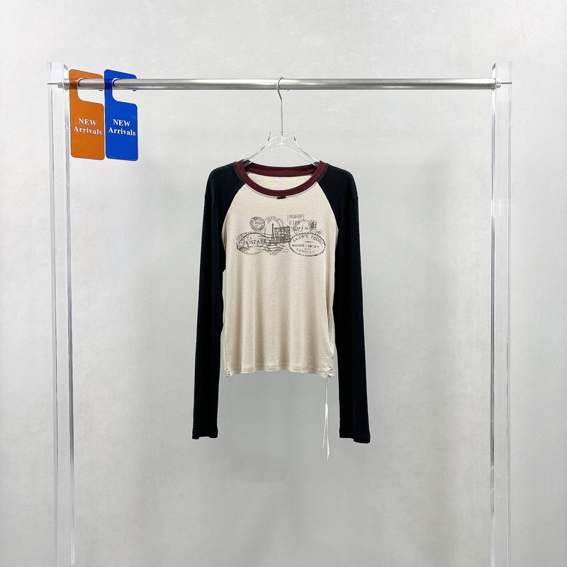 绣罗衣尚琇衣之艺拼色T恤女秋新款时尚圆领长袖上衣打底衫92821