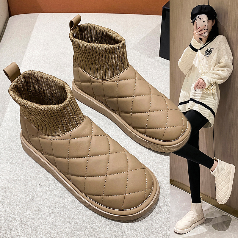 秋冬新款厚底雪地靴女鞋韩版潮鞋平底保暖棉鞋休闲鞋白色短筒时尚