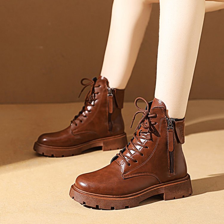 真软皮马丁靴2023秋冬新款厚底双拉链女短靴舒适单靴保暖棉靴