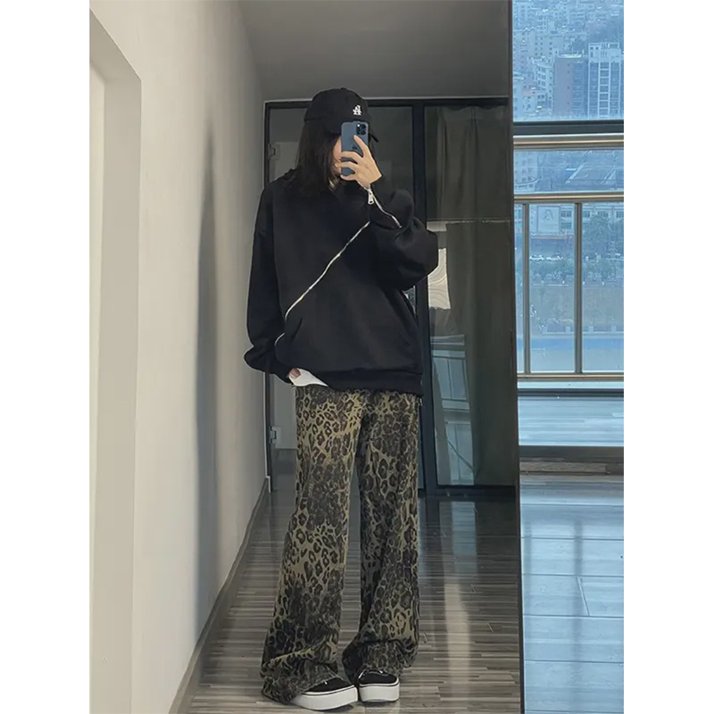 美式复古豹纹牛仔裤男春秋季痞帅炸街ootd裤子潮牌阔腿显瘦直筒裤