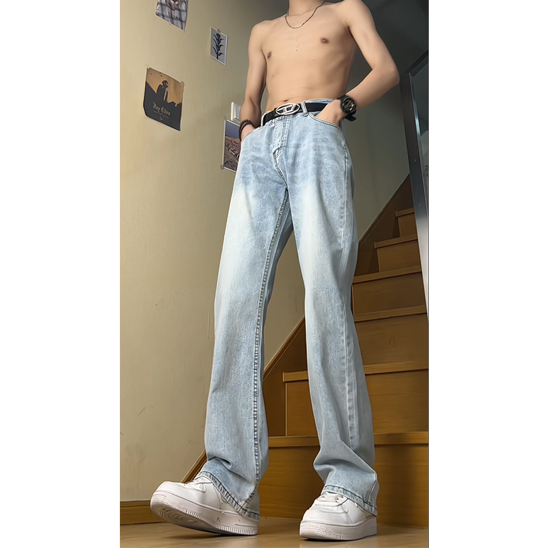 冰蓝色弯刀牛仔裤男秋季潮牌cleanfit高街微喇裤弹力修身直筒裤子