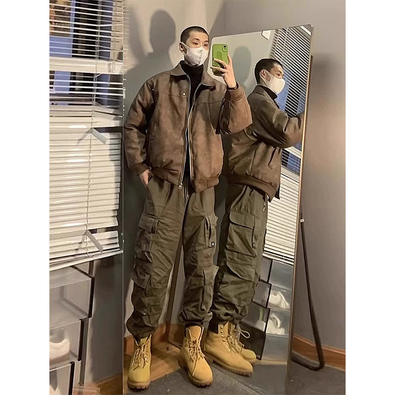 美式军绿色工装裤男春秋vibe高街机能裤子配马丁靴户外登山束脚裤