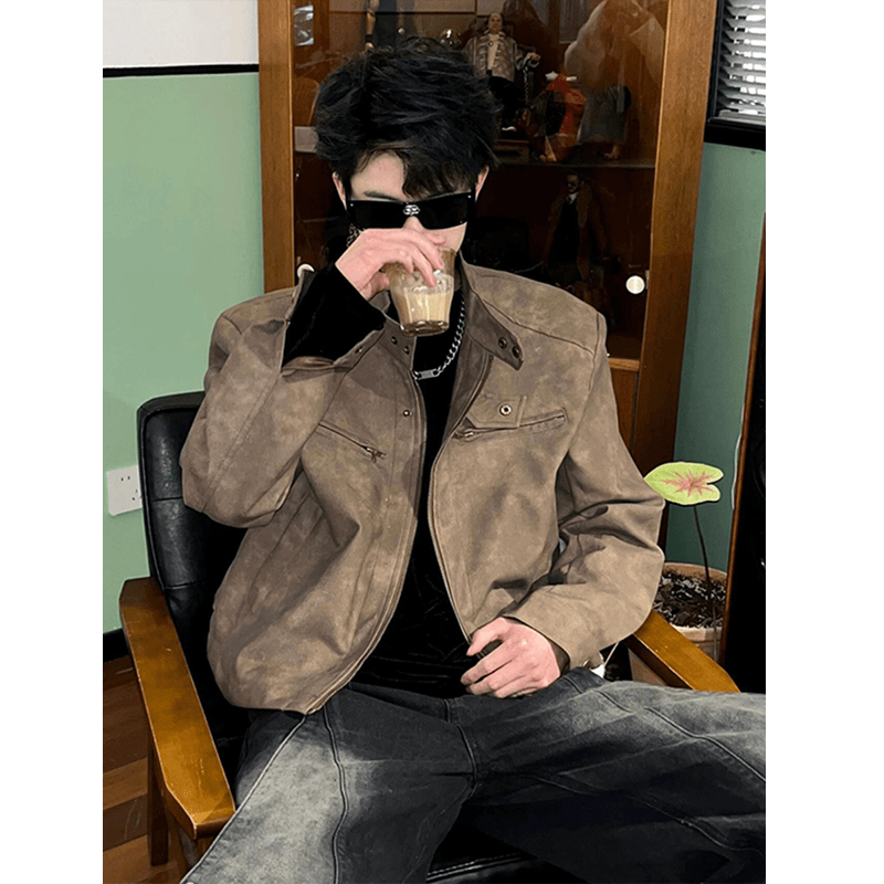美拉德棕色飞行员外套男秋季cleanfit高街短款机车服美式复古皮衣