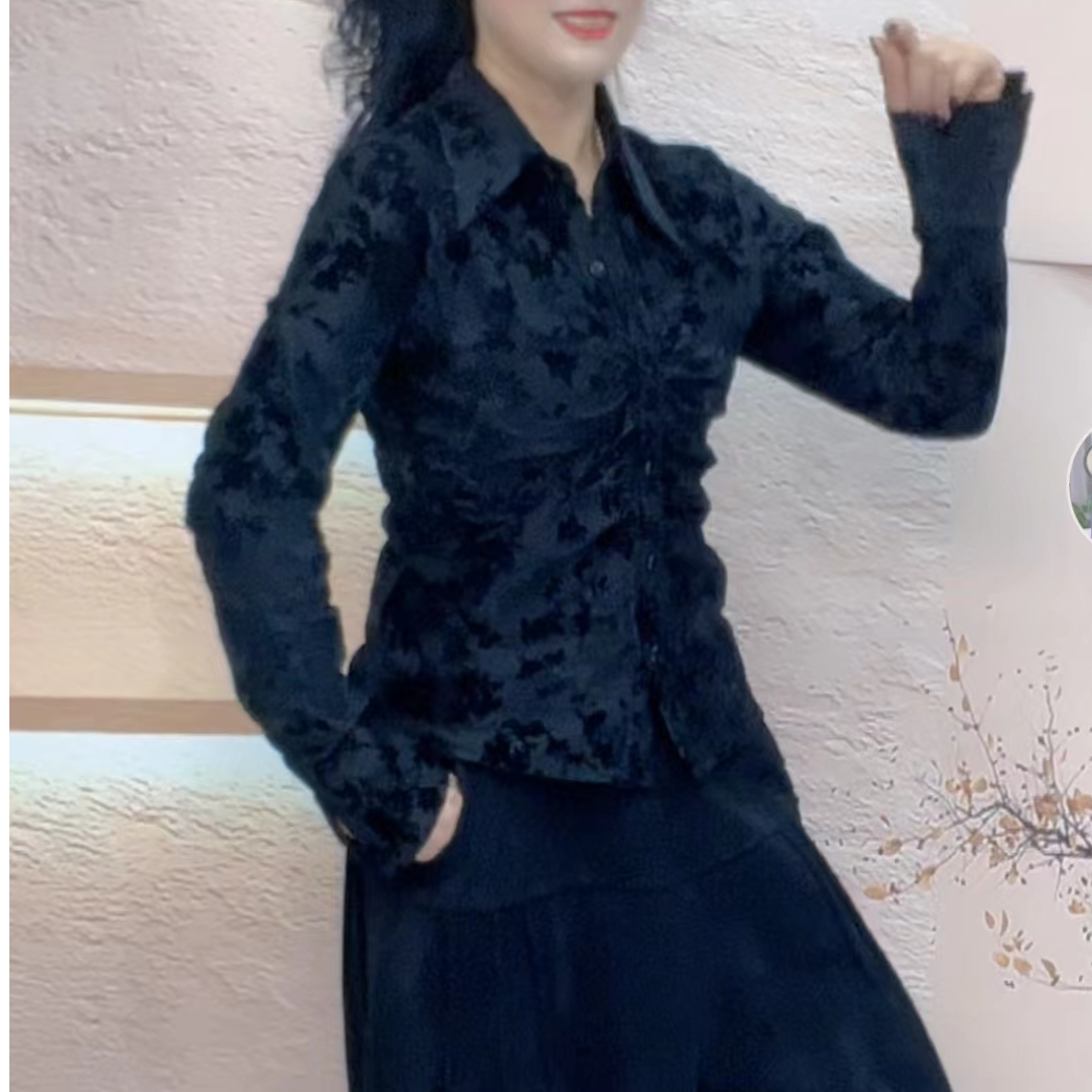 《加绒》褶皱衬衫新款显瘦打底衫气质短款百搭百搭修身时尚长袖复古