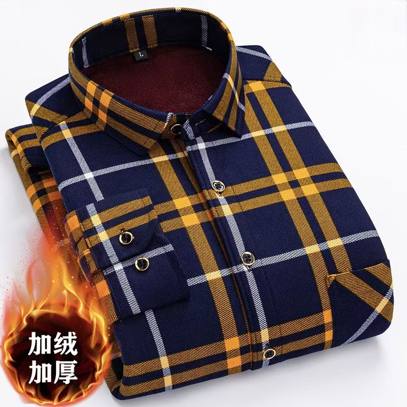 秋冬季新款男士保暖衬衣中老年休闲格子衬衫加绒加厚防寒爸爸上衣