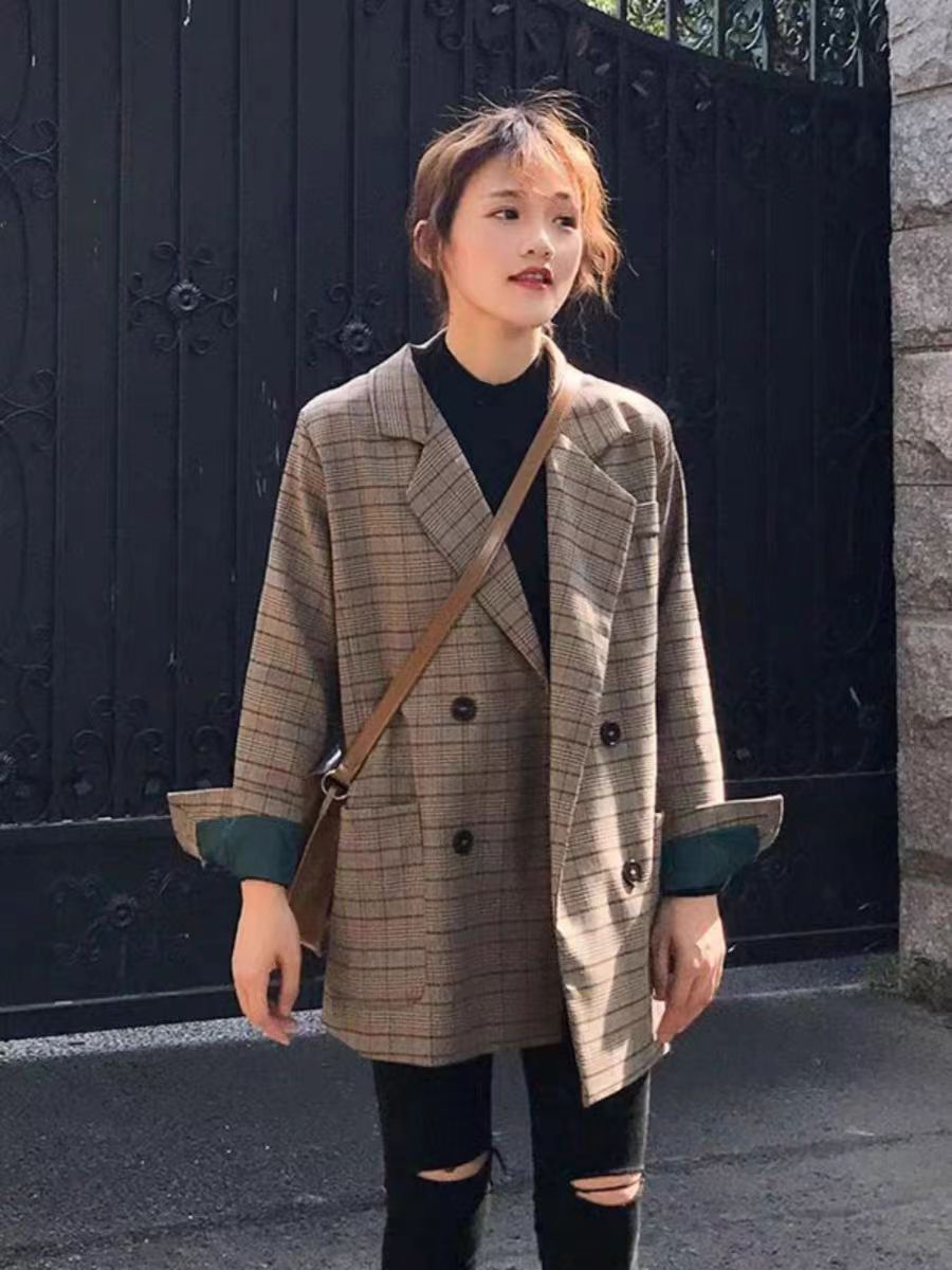 1450 百搭韩版时尚气质双排扣西装长袖格子西装 W2