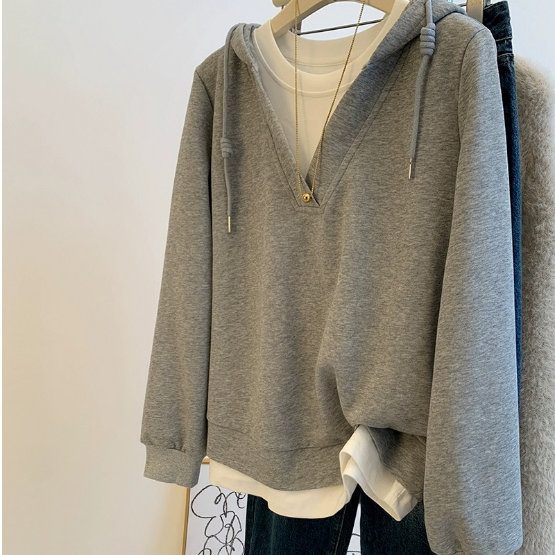 HONG JIA LIN/虹嘉琳2025秋冬季新款百搭假两件大码宽松连帽卫衣