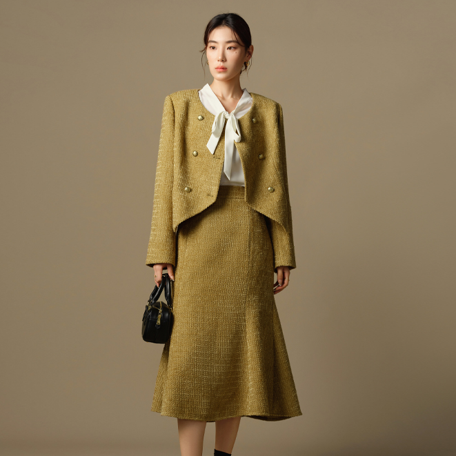 独束大码女装复古双排扣优雅套装气质外套+半裙（上）24DS84499