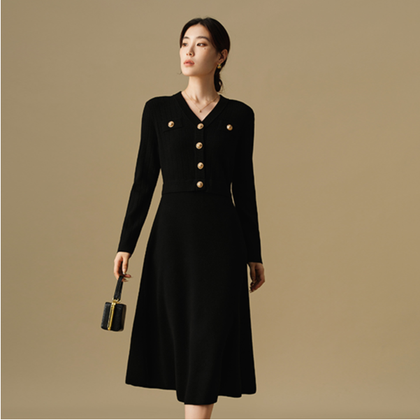 独束微胖大码女装假两件针织长裙通勤气质中长款连衣裙24DS84154