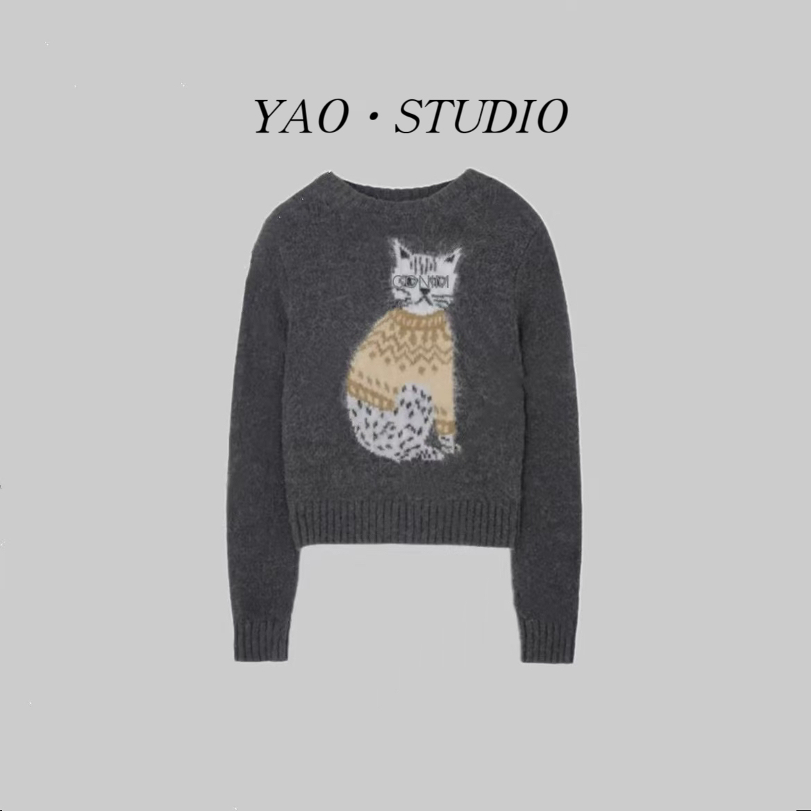 坐姿猫咪~2025新款洋气猫圆领套头百搭小个子毛针织衫女灰色上衣