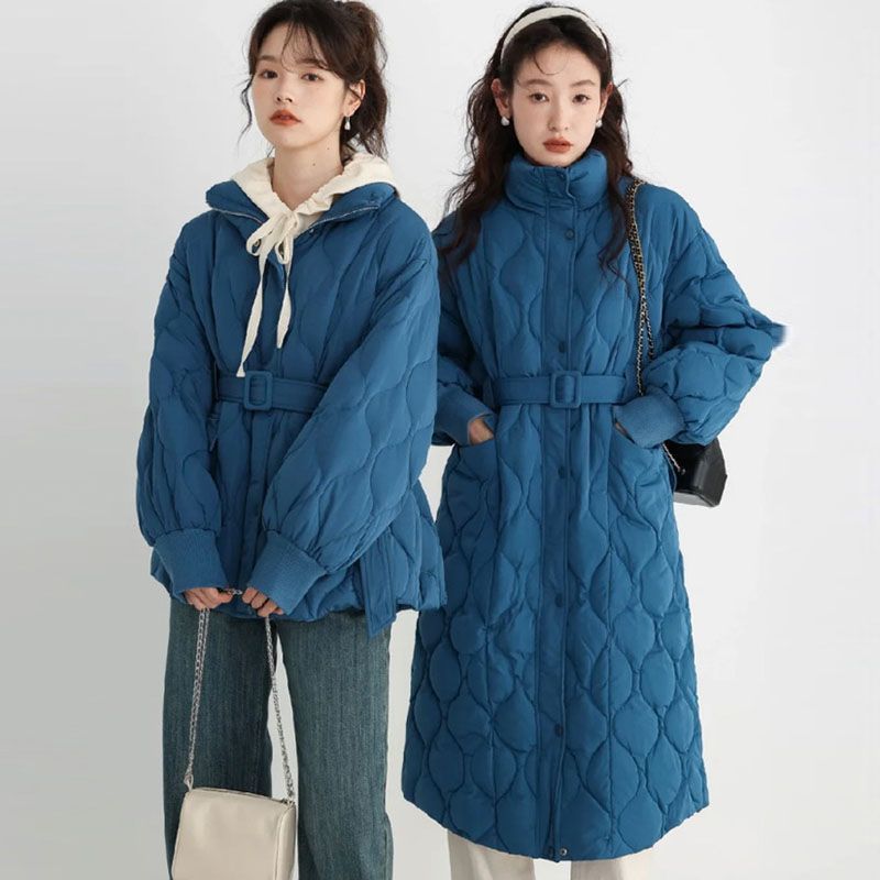 冬季显瘦菱格克莱因蓝中长款棉服设计感小众百搭外套气质名媛风