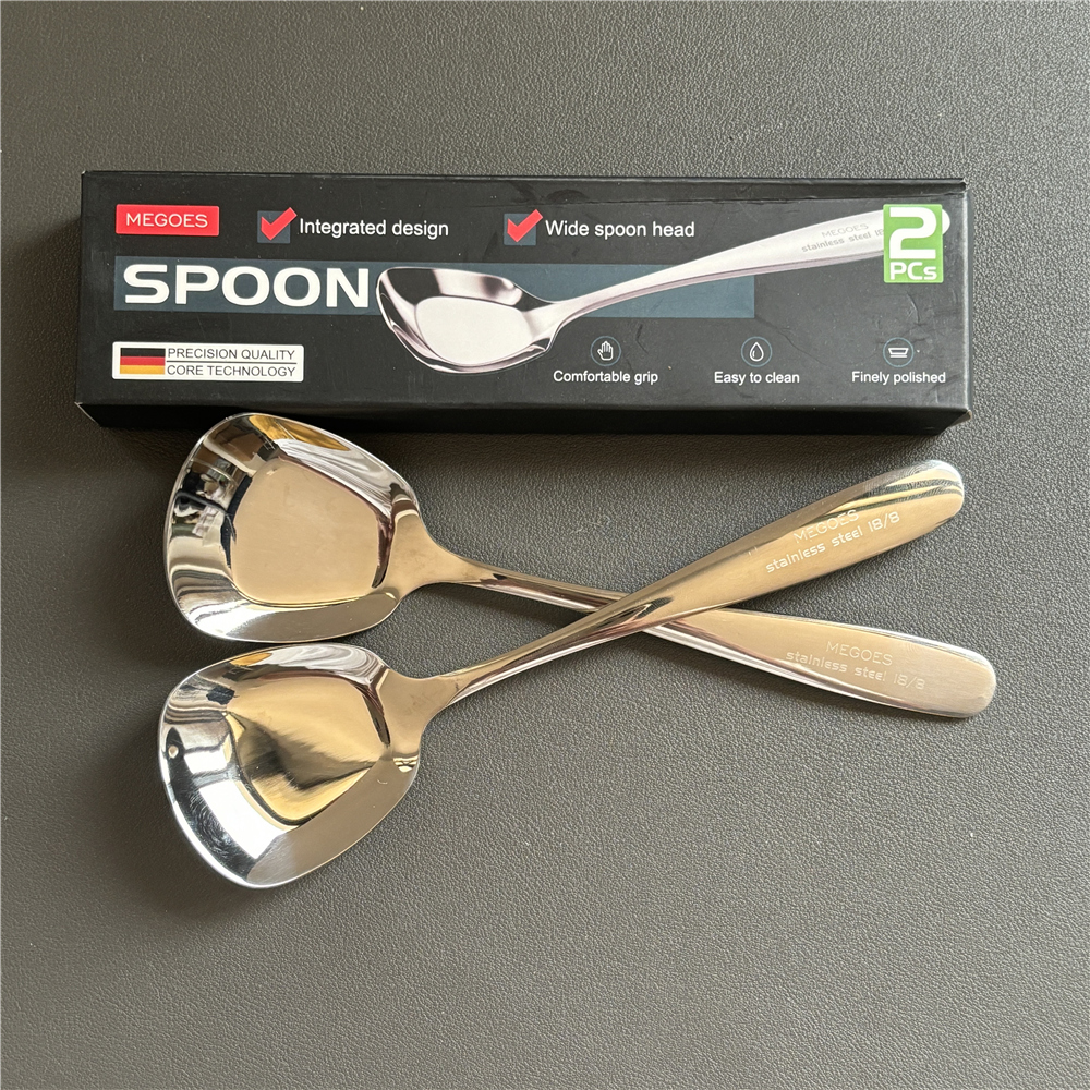 2支装~304不锈钢方头大平勺家用长柄饭菜勺加厚平底学生吃饭勺子