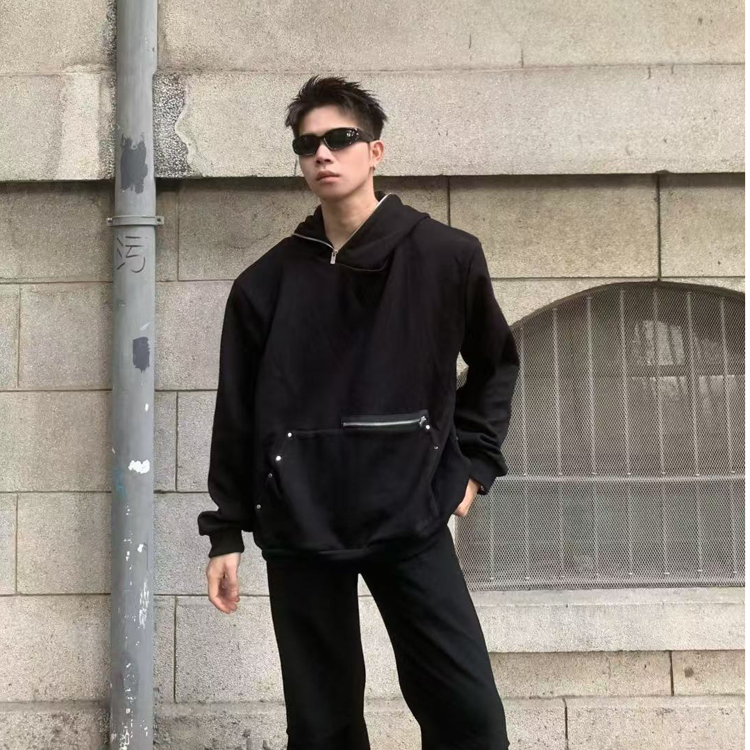 24秋冬小众垫肩帽扣斜拉链设计感卫衣