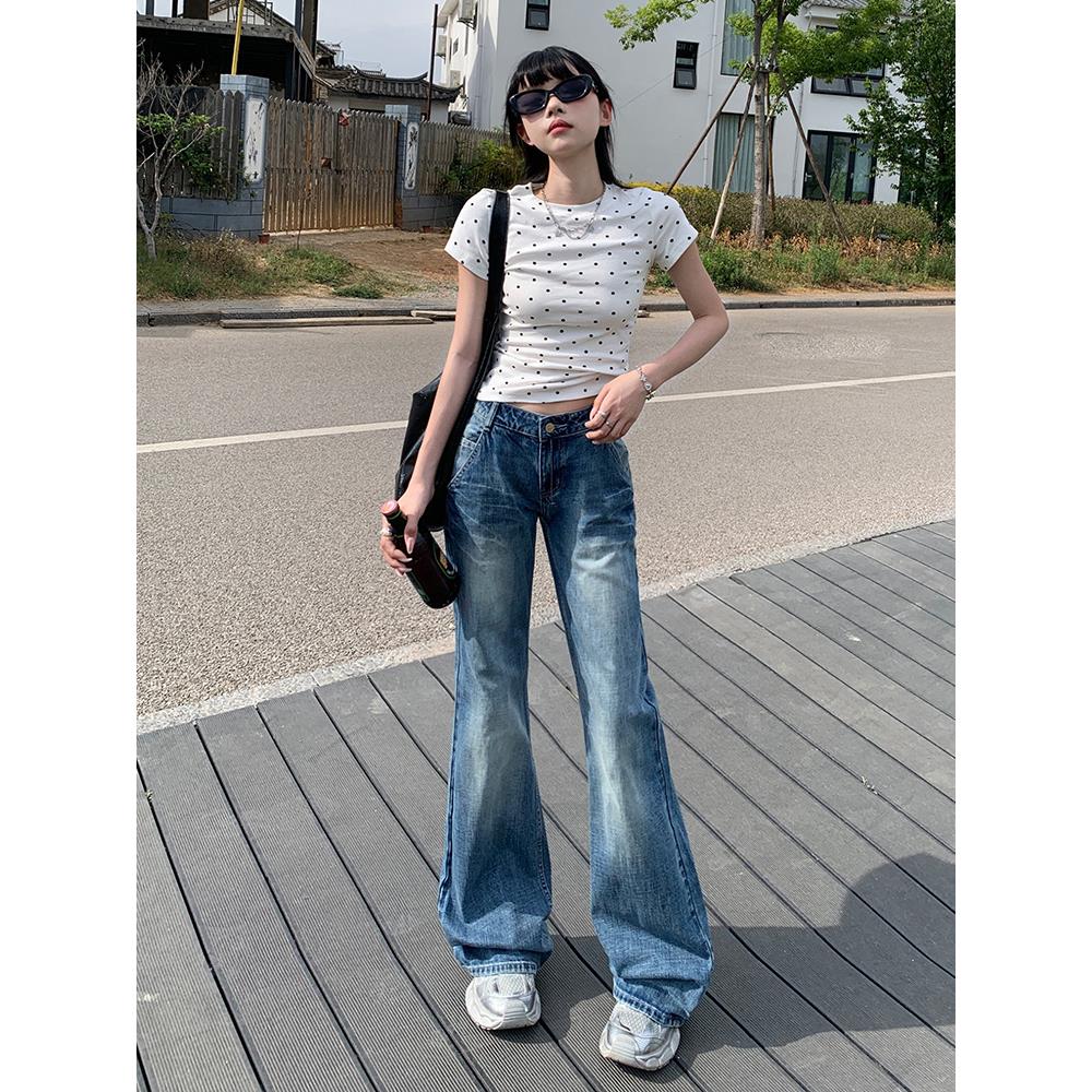 POYZ夏上新复古辣妹低腰垂感喇叭牛仔裤女纹路设计感百搭显瘦裤子