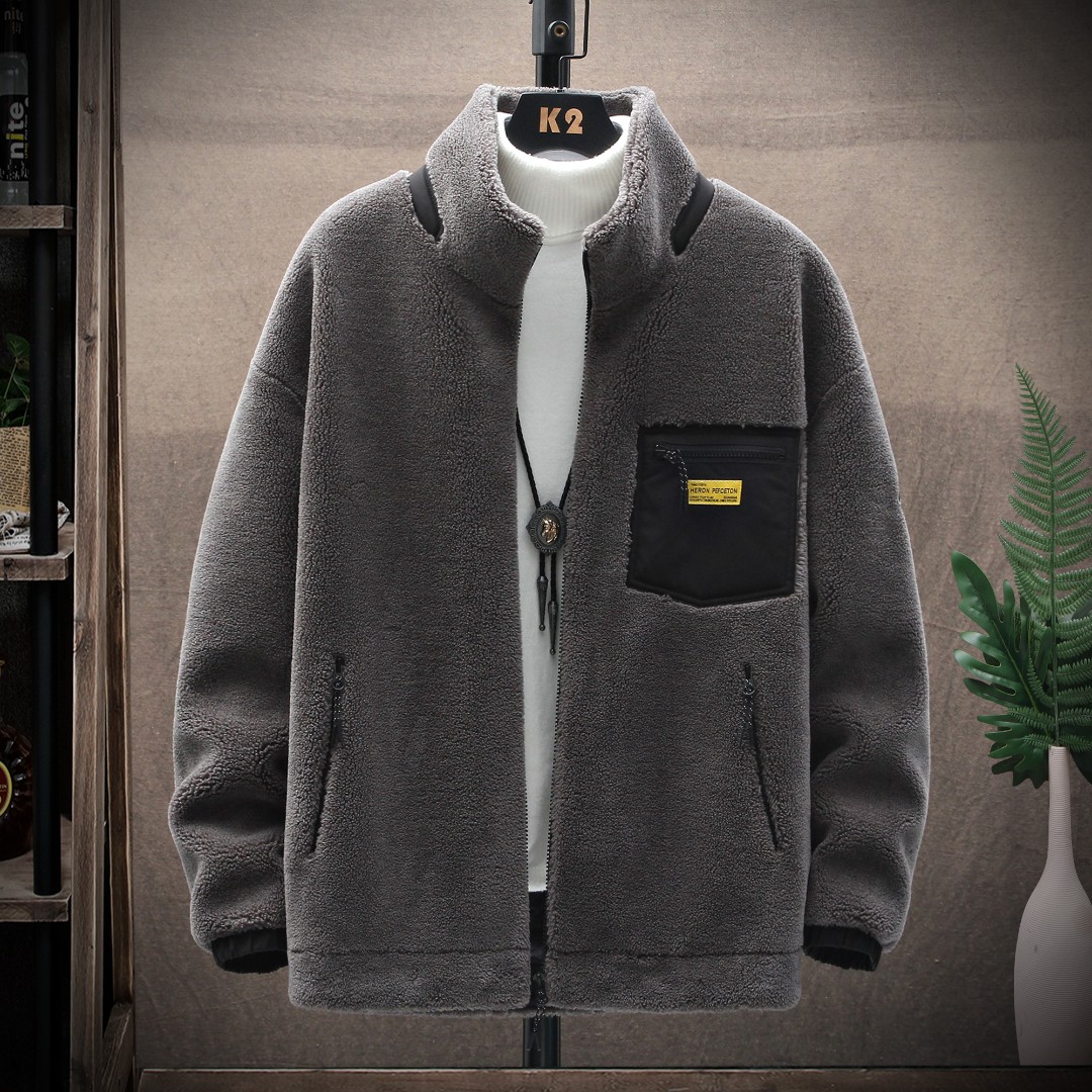 冬季新款男生ins风韩版潮流保暖颗粒绒休闲立领男士宽松外套 2001