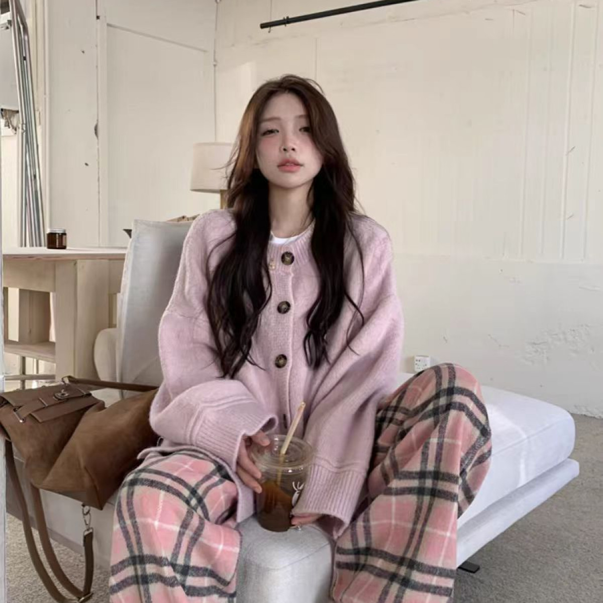 韩版气质温柔风圆领单排扣毛衣外套女秋冬慵懒风宽松开叉针织开衫