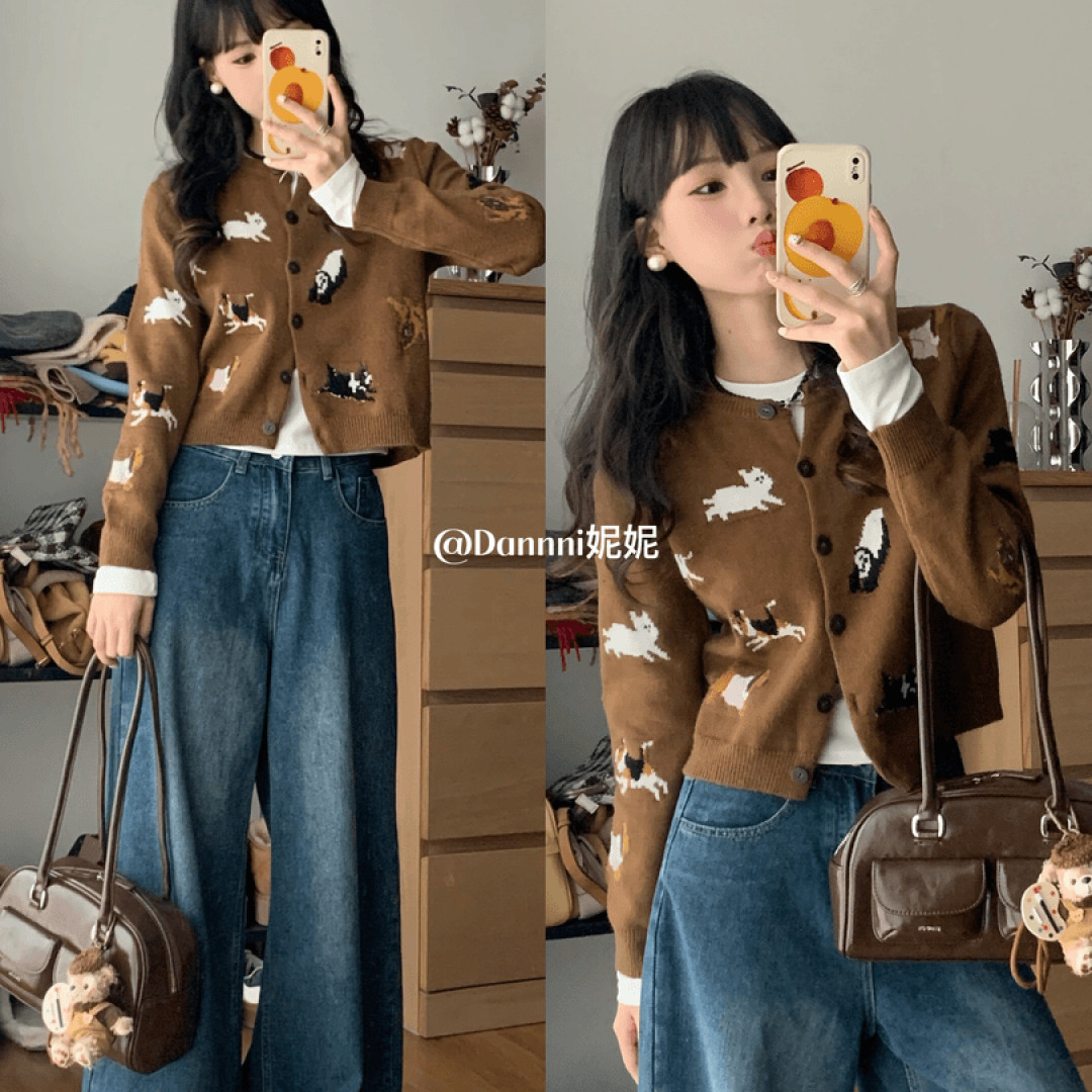 趣味狗狗提花圆领针织开衫外套女2024早秋秋冬超好看的设计感上衣