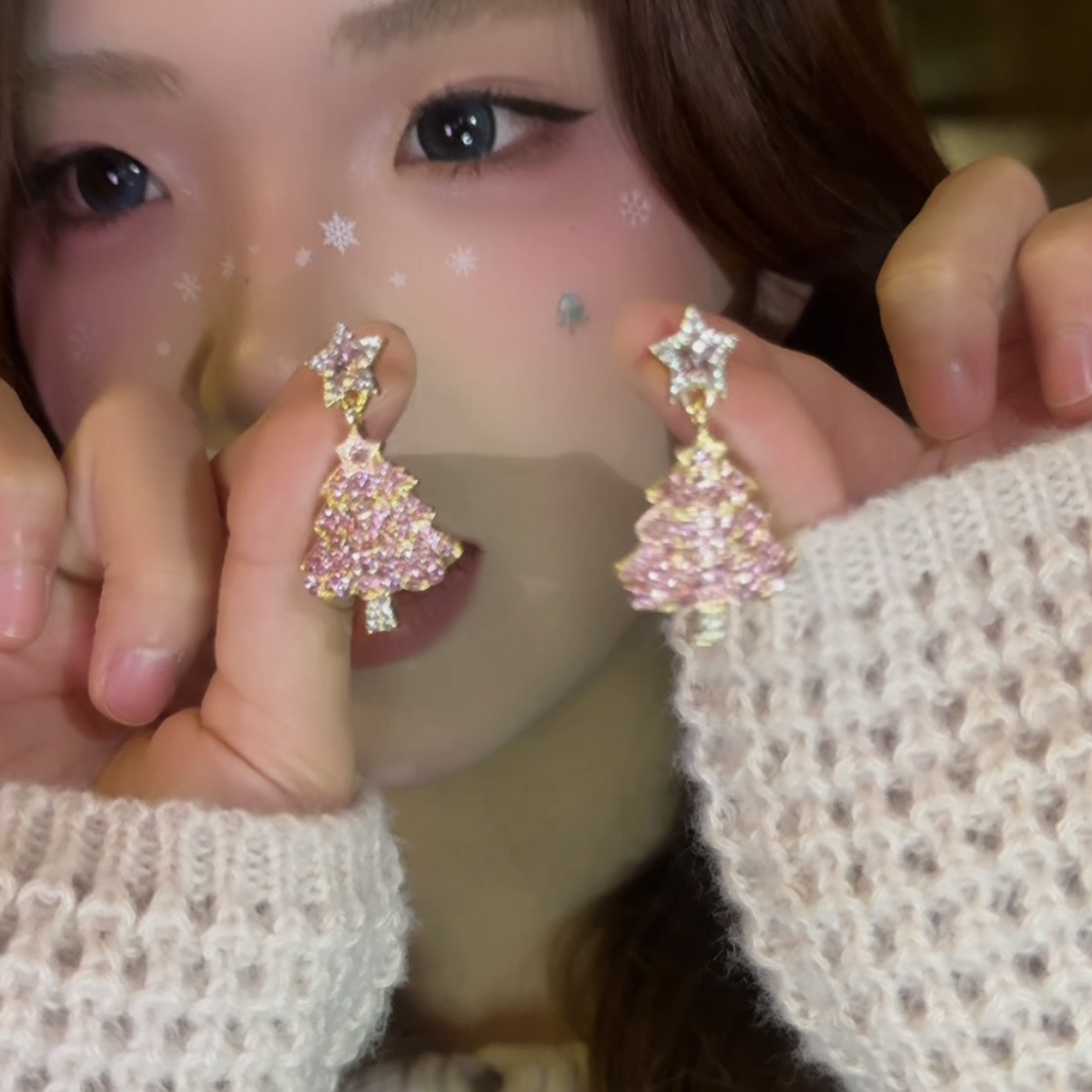 铜合金耳饰 粉色圣诞树耳环耳坠女圣诞耳饰满钻小众高级感耳钉