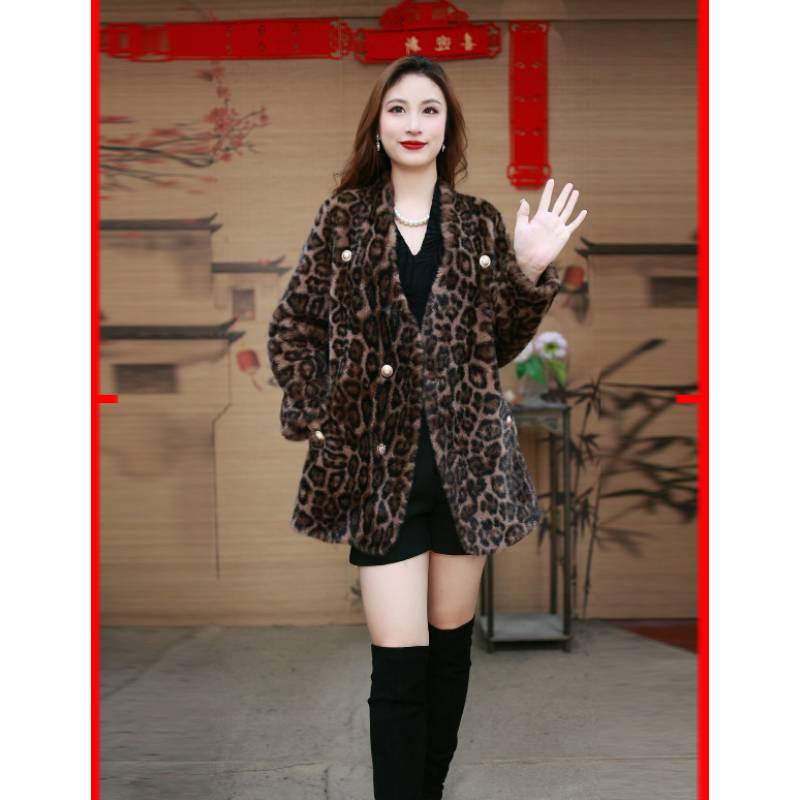 妮可定制 手工盘扣翻领气质轻奢加厚时尚冬季外套豹纹