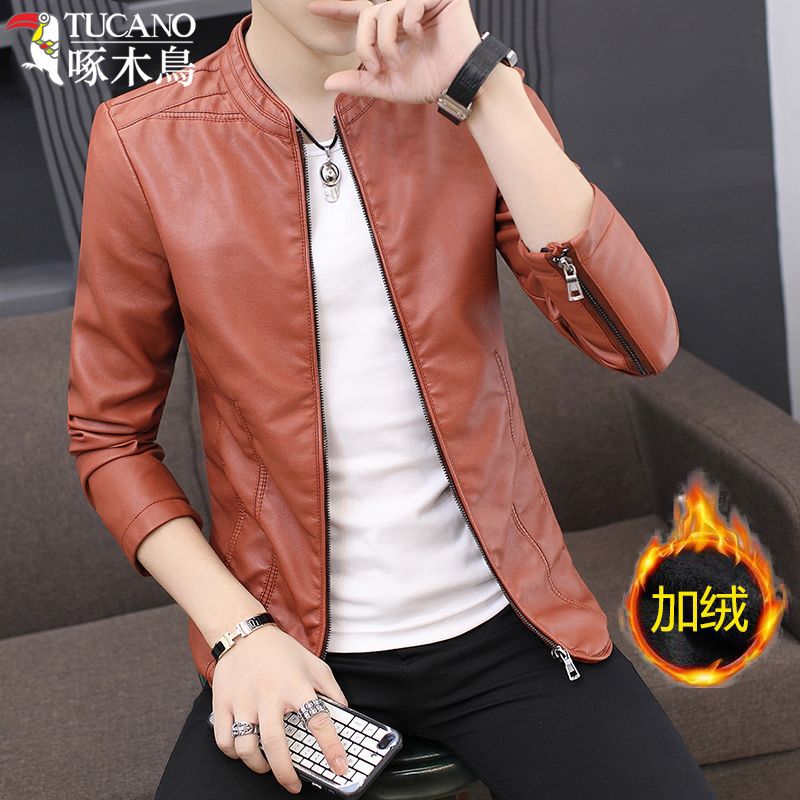 啄木鸟男士皮衣修身韩版秋冬季新款加绒机车服韩版潮流皮夹克外套