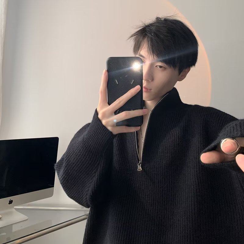 cleanfit黑色立领半拉链毛衣男潮高级感痞帅韩系慵懒风针织衫上衣
