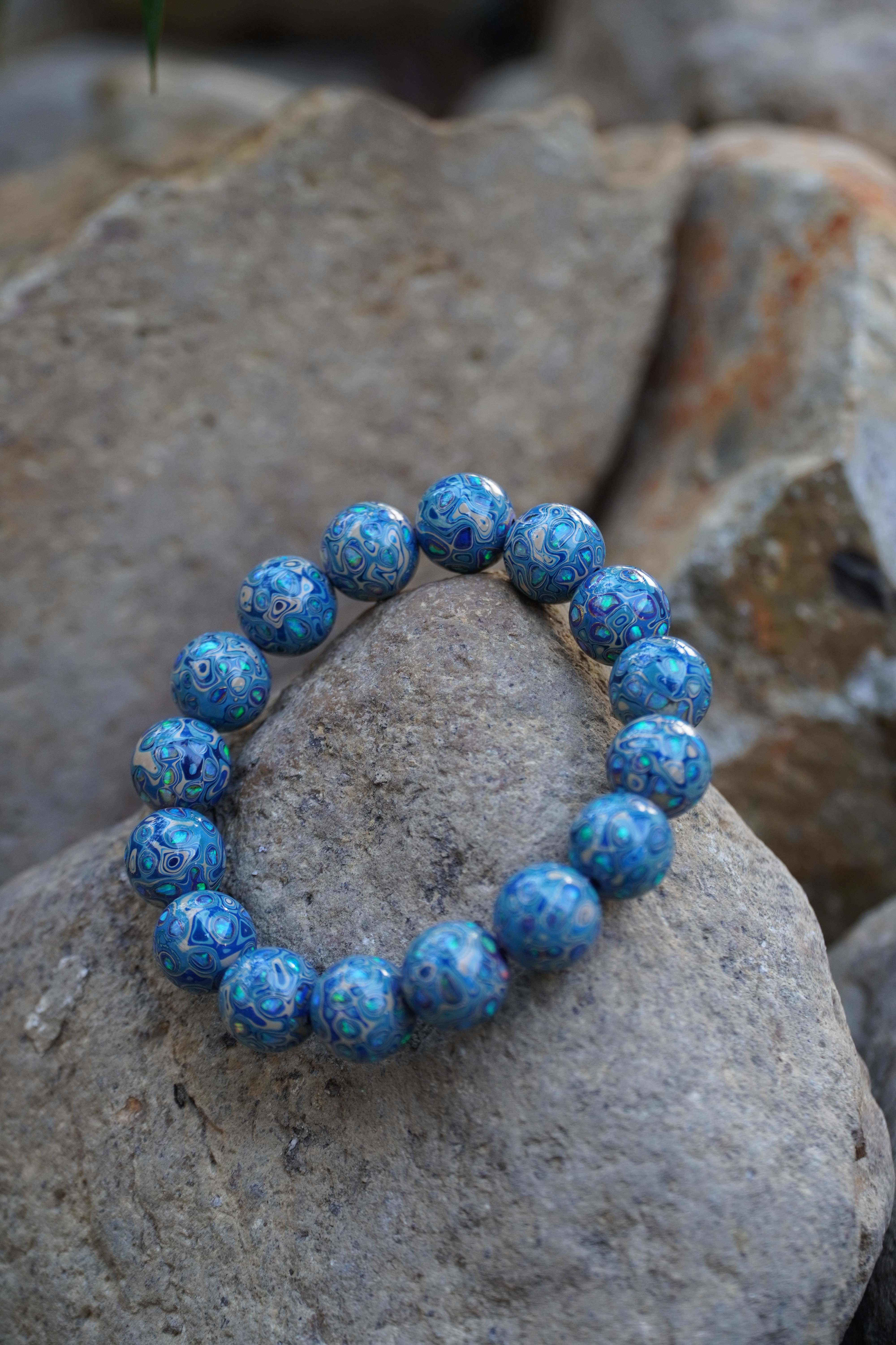 非遗漆器手串大漆珠蓝白青花镶嵌手串13mm十六颗