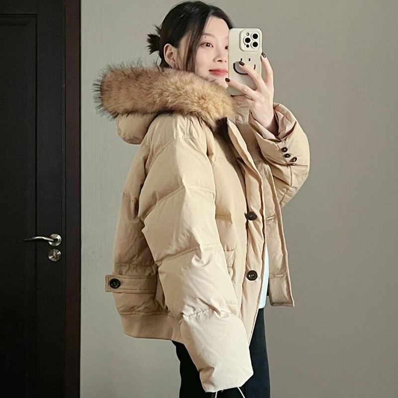 大毛领连帽短款棉服女冬加厚小个子韩版宽松棉衣外套冬季新款棉袄