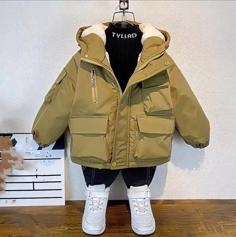 童装男童冬装棉衣外套2023新款儿童加绒加厚棉服宝宝时髦棉袄上衣