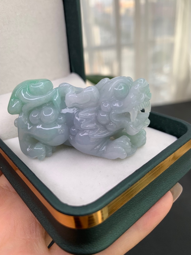 天然翡翠A货春彩大貔貅紫罗兰飘绿母子貔貅新年高档礼品