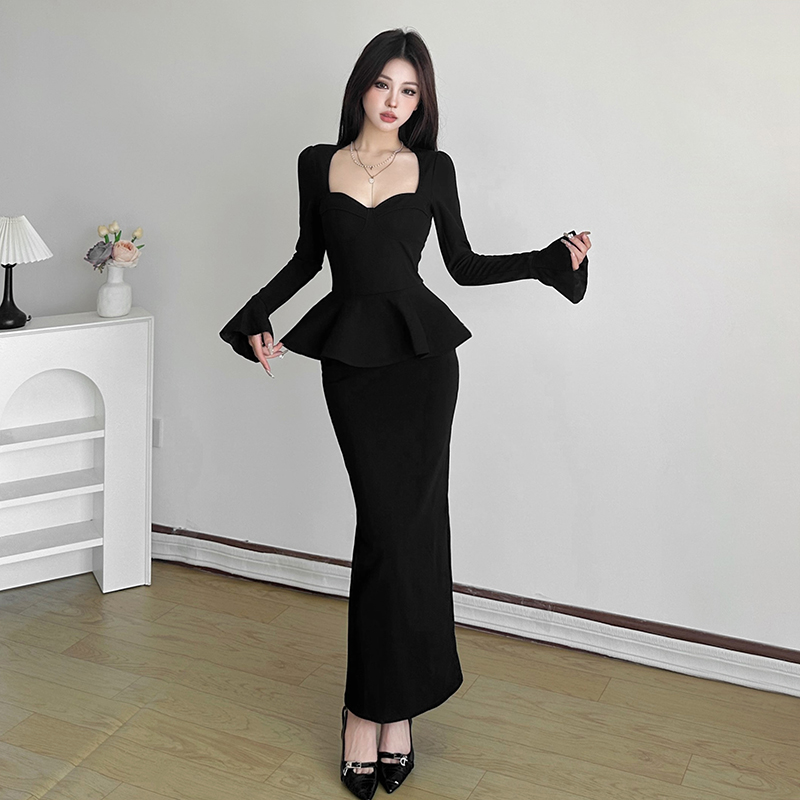 GDNH#荷叶边风遮腰荷叶边遮腰显瘦连衣裙女 性感喇叭袖长裙52367