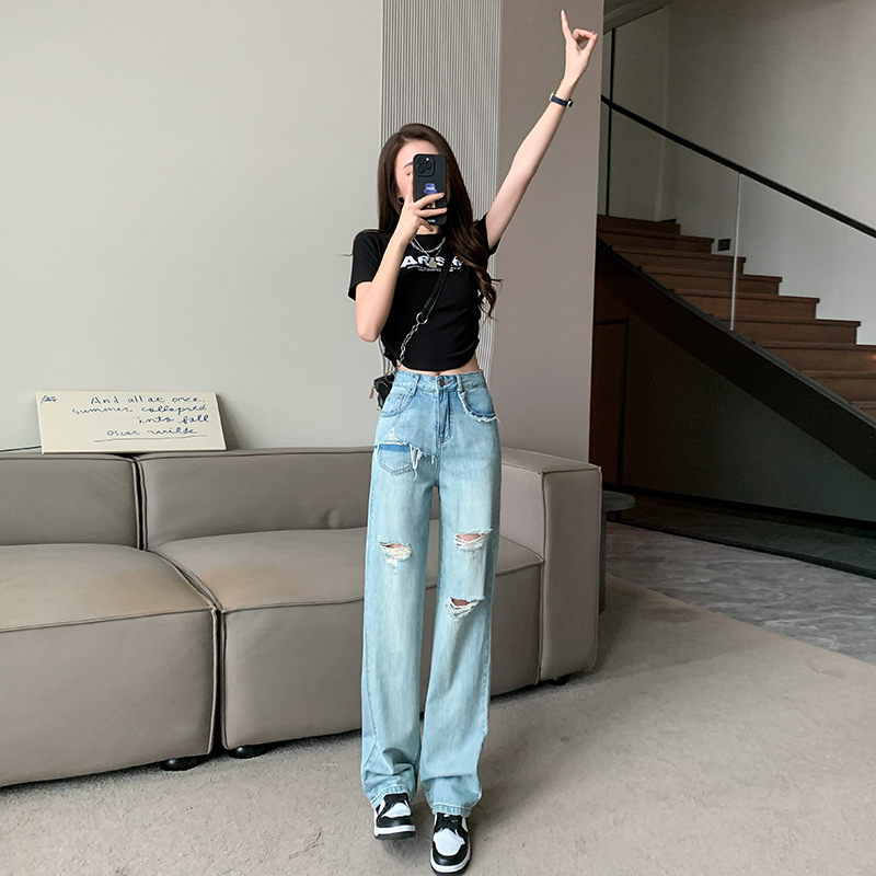 【小个子精选】破洞直筒牛仔裤女2024年高腰百搭显瘦窄版阔腿拖地裤