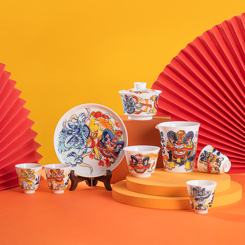 醒狮单拍景德镇国风原创  醒狮  釉下五彩 盖碗杯子壶承公道