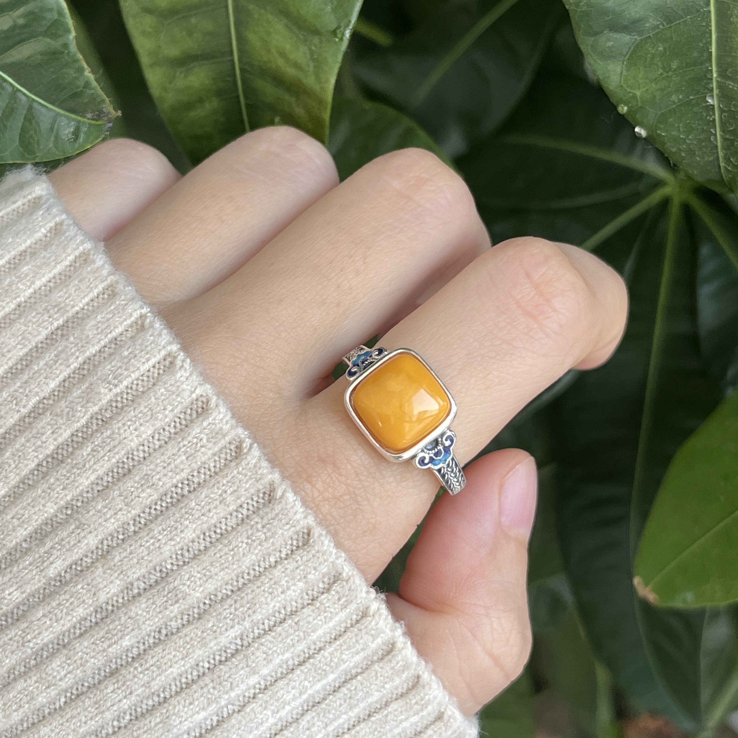 925银戒指 925银黄色大放糖烧蓝如意边民族风女士气质戒指