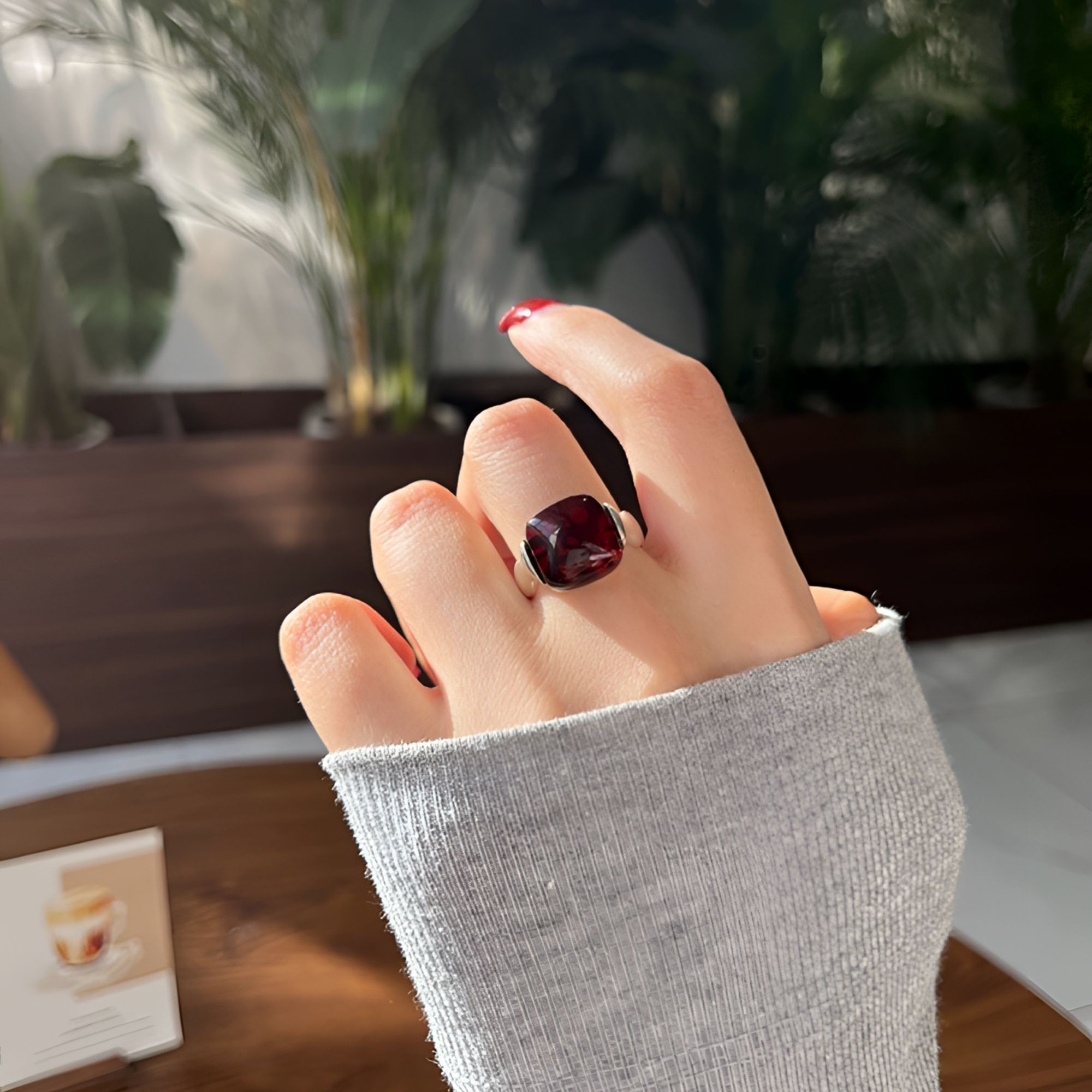925银戒指 925银手工戒指气质网红百搭复古小众简约时尚个性红色
