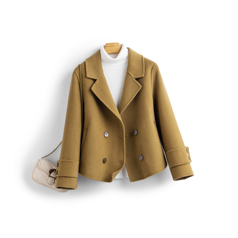 100%绵羊毛新款西装领纯羊毛双面呢大衣短款女气质毛呢外套