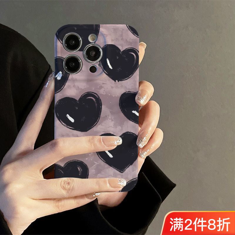 高级感苹果14手机壳黑色爱心iphone13菲林壳12全包11硬壳xr菲林壳