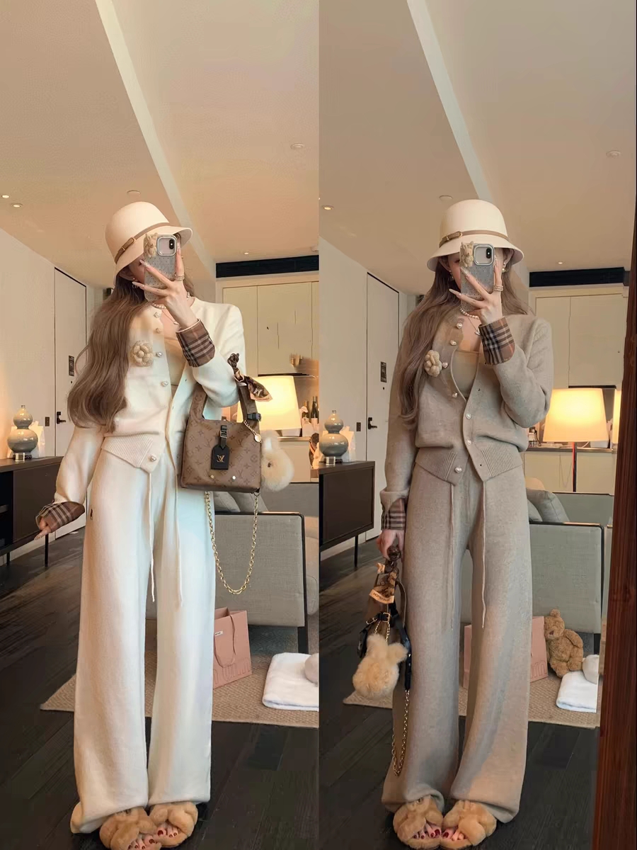 早安可可【老钱东京】刺绣针织裤垂感裤子女格纹拼接毛衣开衫套装